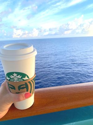 Enjoying a Starbucks chai tea latte on the Mariner of the Seas cruise ship.  Mariner of the Seas cruise tip - it's not included in any drink package

