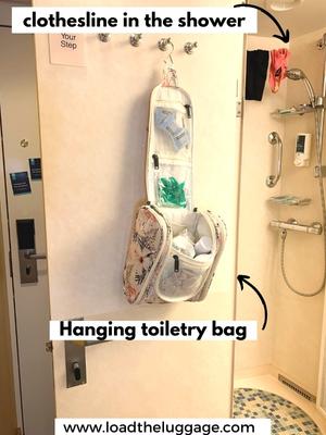A hanging toiletry bag saves space.  this is one of 27 clever cruise cabin organization tips
