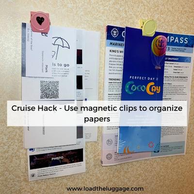 Cruise cabin organization tip - use magnetic clips to organize papers
