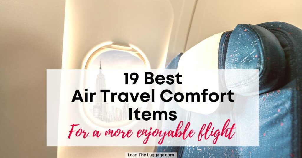 19 Best air travel comfort items for a more enjoyable flight. Image is an airline window seat
