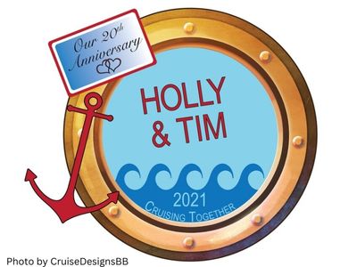 Anniversary cruise door magnet.  Port hole with anchor.  In the middle of the porthole are names you can personalize