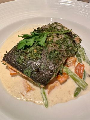 Herb crusted salmon from the Carnival Radiance main dining room.