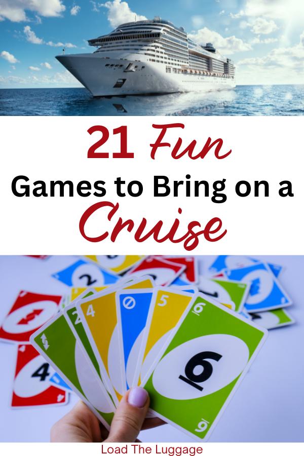 21 Fun games to bring on a cruise.  Top image is a cruise ship, bottom image is a hand holding Uno cards