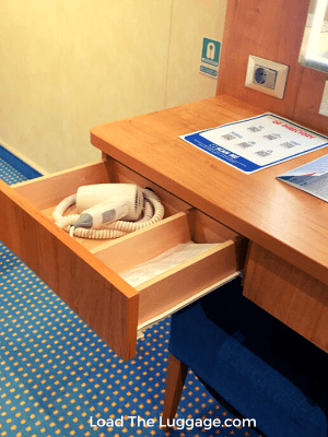 Hair dryer in the drawer on Carnival Vista