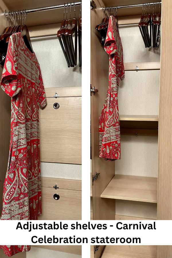 Adjustable shelves in the closet in a Carnival Celebration interior stateroom.